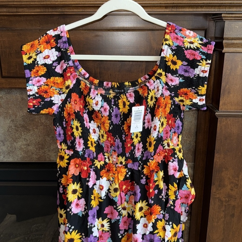 Torrid Maxi Challis Off-Shoulder Dress bright color flower smocked top 14/16 (1) - Picture 3 of 10